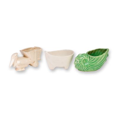 Three McCoy Pottery Glazed Ceramic Planters and Green Shell Planter