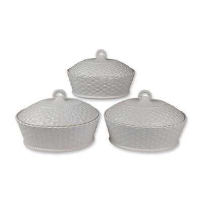 3pc Belleek Ireland Basketweave Covered Casserole Tableware