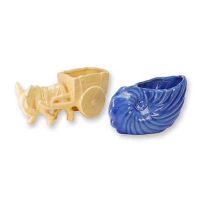 American Art Pottery, Donkey Cart and Nautilus Shell Planters