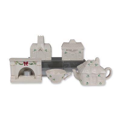 5pc Belleek Ireland Parian Shamrock Porcelain Tealight Holders, Teapot and Cup