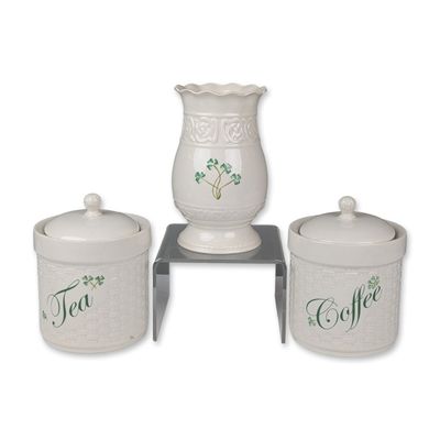 Three Belleek Irish Porcelain Shamrock Canisters and Vase