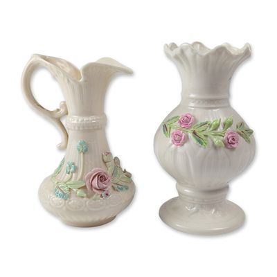 2pc Belleek Porcelain Floral Vessels