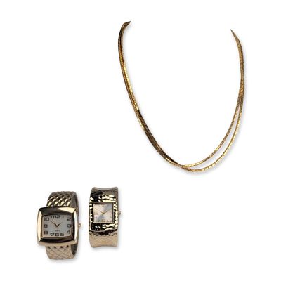 3pc Gold-Tone Cuff Watches and Necklace