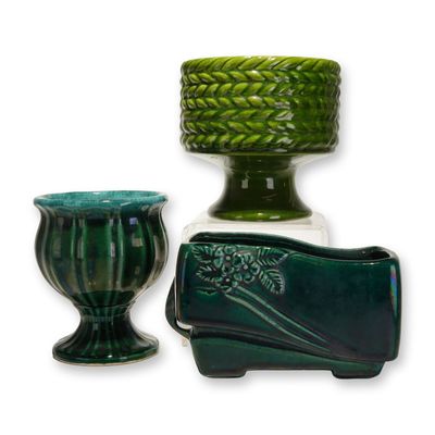 Three Hull and Haeger Green Glazed Planters in Various Sizes and Shapes