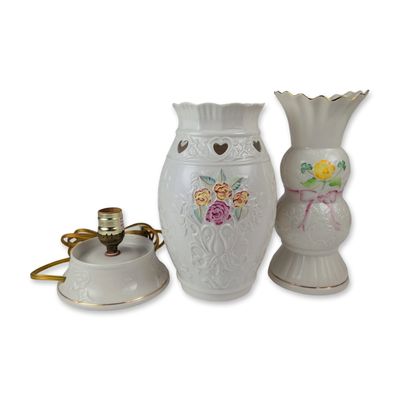 2pc Belleek Pottery Parian McBirney Vase and Lamp