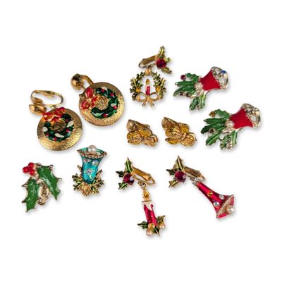 Collection of Eleven Vintage Christmas Costume Clip-On Earrings