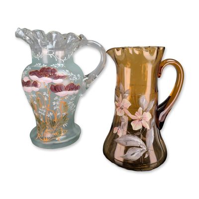 Sale Photo Thumbnail #282: 2pc Victorian Style Hand-Painted Art Glass Pitchers