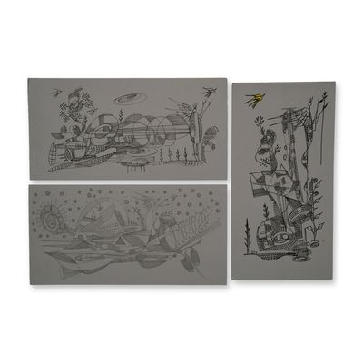 Sale Photo Thumbnail #325: 3pc Alfonso Rendon aka Masplata (Panamanian, 1957 - 2025), Pen and Marker Sketch on Grey Board,