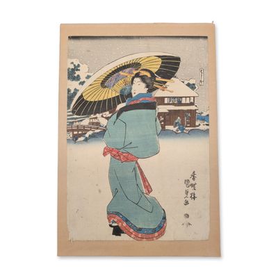 Sale Photo Thumbnail #327: Utagawa Hiroshige (Japanese 1797-1858) Snow Scene at Shinobazu Pond in Ueno Woodblock Print