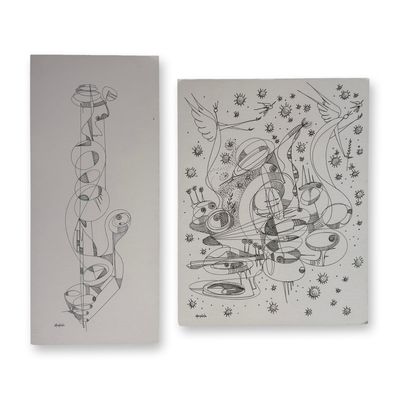 Sale Photo Thumbnail #324: 2pc Alfonso Rendon aka Masplata (Panamanian, 1957 - 2025), Pen Sketch on Board, Angels & Forms