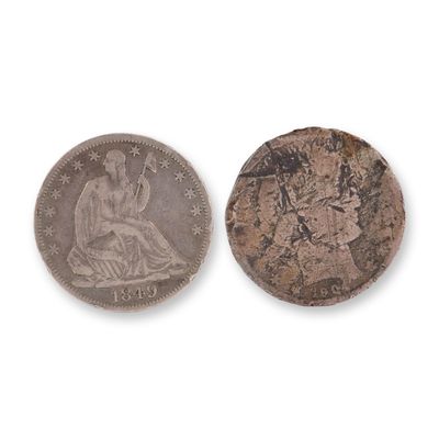 Sale Photo Thumbnail #296: Lot of 2 U.S. 1849 Seated Liberty & 1904 Barber 90% Silver Half Dollars, Circulated