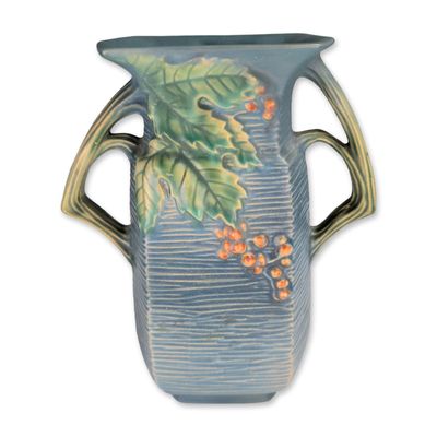 Sale Photo Thumbnail #88: Roseville Pottery Bushberry Double-Handled Blue Ceramic Vase