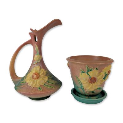 Sale Photo Thumbnail #90: 3pc Roseville Peony Pottery Pitcher and Flower Pot with Saucer