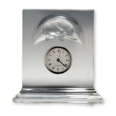Sale Photo Thumbnail #5: Lalique "Chat Horloge" Frosted and Clear Crystal Desk Clock