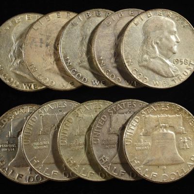 Sale Photo Thumbnail #156: (10) 90% SILVER FRANKLIN HALF DOLLARS