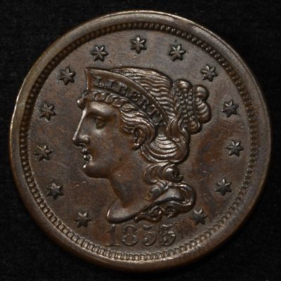 Sale Photo Thumbnail #169: 1855 BRAIDED HAIR LARGE CENT UPRIGHT 5 CH UNC