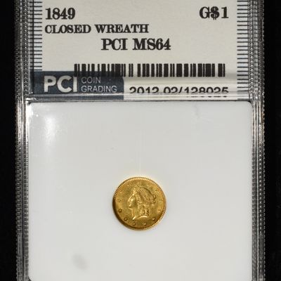 Sale Photo Thumbnail #438: 1849 $1 GOLD TYPE 1 PCI GEM BU CLOSED WREATH