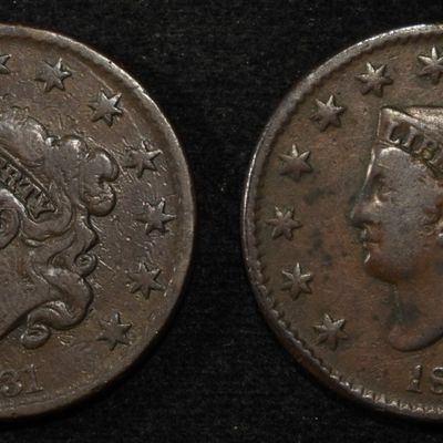 Sale Photo Thumbnail #45: (2) 1831 LARGE CENTS FINE