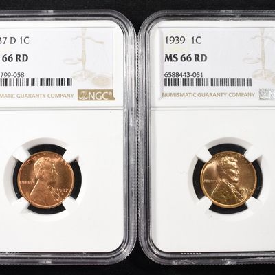 Sale Photo Thumbnail #181: 1937-D & 1939 WHEAT CENTS NGC MS66 RD