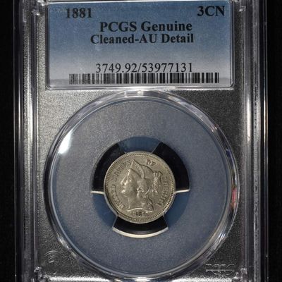 Sale Photo Thumbnail #203: 1881 3-CENT NICKEL PCGS GENUINE CLEANED-AU DETAIL