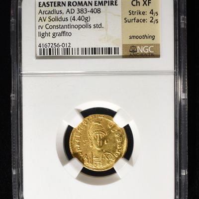 Sale Photo Thumbnail #437: 383-408 AD EASTERN ROMAN GOLD SOLIDUS NGC CH XF