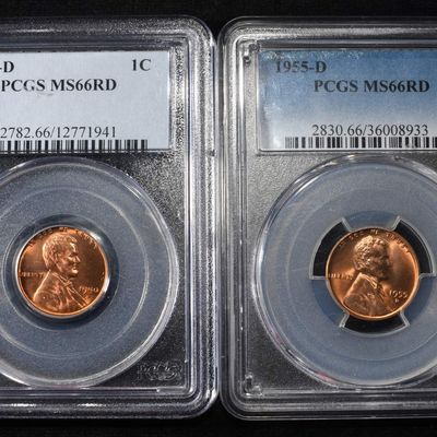 Sale Photo Thumbnail #189: 1950-D & 1955-D WHEAT CENTS PCGS MS66RD