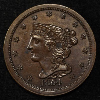 Sale Photo Thumbnail #167: 1854 BRAIDED HAIR HALF CENT GEM ORIG UNC