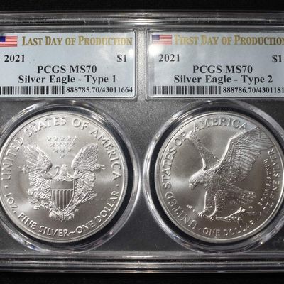 Sale Photo Thumbnail #14: 2021 AMERICAN SILVER EAGLES TYPE 1 & 2 PCGS MS70