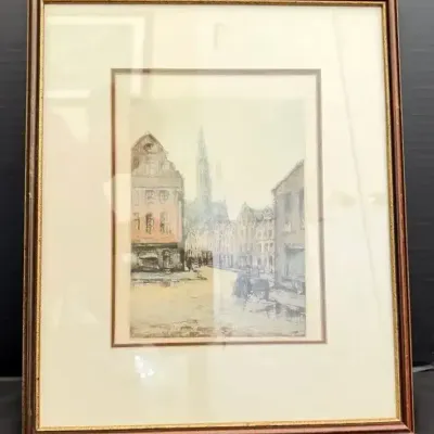 20th Century European City Street Scene Framed Artwork