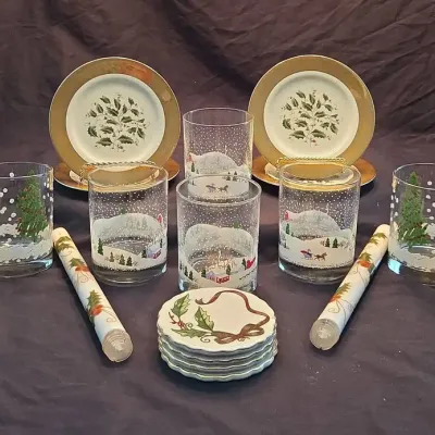Royal Limited Holly Holiday Plates, Christmas Glassware & Enamel Coasters