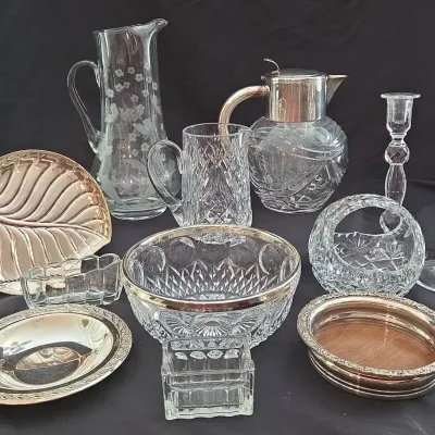 Silver-Plated & Cut Glass Serveware with Pitchers & Candlesticks