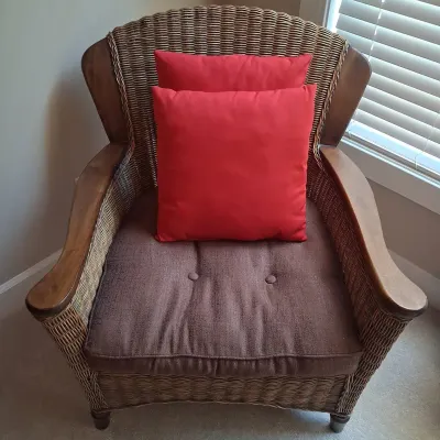 Wicker Armchair with Wood Arms & Cushions