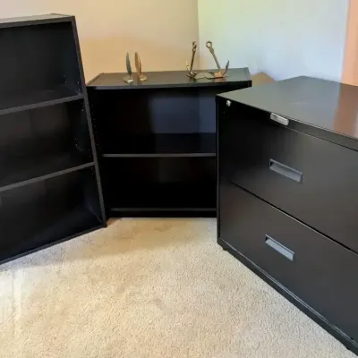 Metal File Cabinet, Laminate Bookcases & Brass Bookends