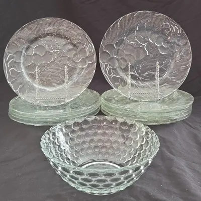 KIG Grape & Leaf Glass Plates with KIM Bubble Glass Bowl