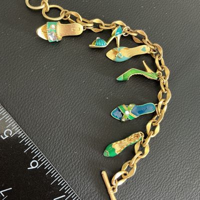 Gorgeous Vintage Gold Tone Bracelet with multi colored enamel hi heel charms