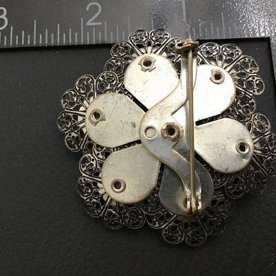 Marble Blue Stone like in Silver Tone Filagree Floral Cluster Brooch Vintage
