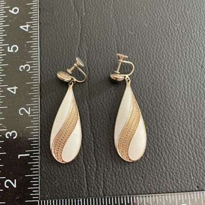 Vintage Silver Tone earrings with white Enamel