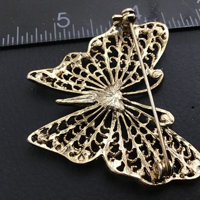 Butterfly Gold Tone Baby Blue Rhinestone Brooch