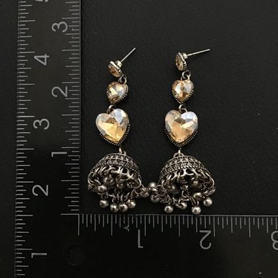 Beautiful ethnic silver tone crystal heart statement earrings