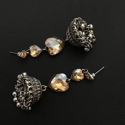Beautiful ethnic silver tone crystal heart statement earrings