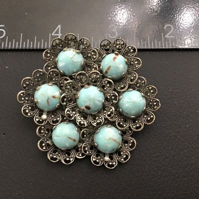 Marble Blue Stone like in Silver Tone Filagree Floral Cluster Brooch Vintage