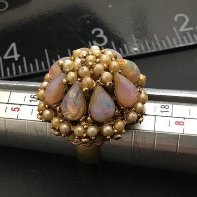 Vintage Cocktail Ring High Dome Glass Cab Opal in Color Faux Pearls