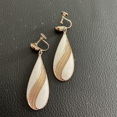 Vintage Silver Tone earrings with white Enamel