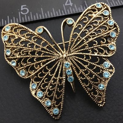 Butterfly Gold Tone Baby Blue Rhinestone Brooch