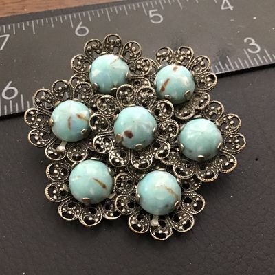 Marble Blue Stone like in Silver Tone Filagree Floral Cluster Brooch Vintage
