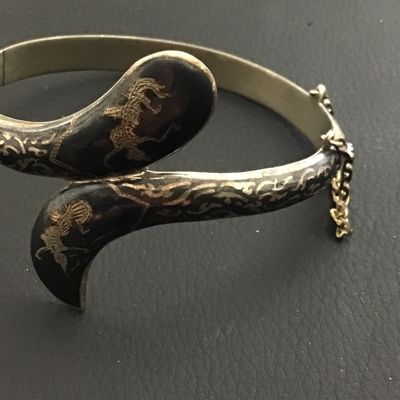 Siam Niello Enamel Hinged 925 Thailand Hinged Safety Chain Vintage Bracelet
