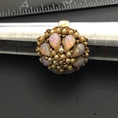 Vintage Cocktail Ring High Dome Glass Cab Opal in Color Faux Pearls