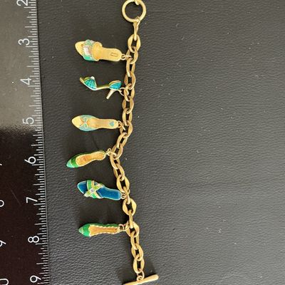 Gorgeous Vintage Gold Tone Bracelet with multi colored enamel hi heel charms