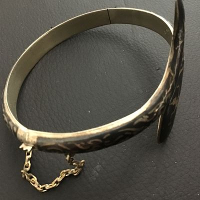 Siam Niello Enamel Hinged 925 Thailand Hinged Safety Chain Vintage Bracelet