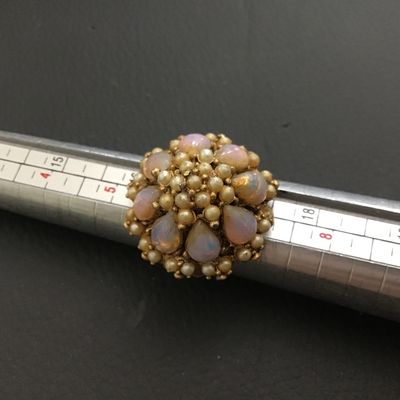 Vintage Cocktail Ring High Dome Glass Cab Opal in Color Faux Pearls